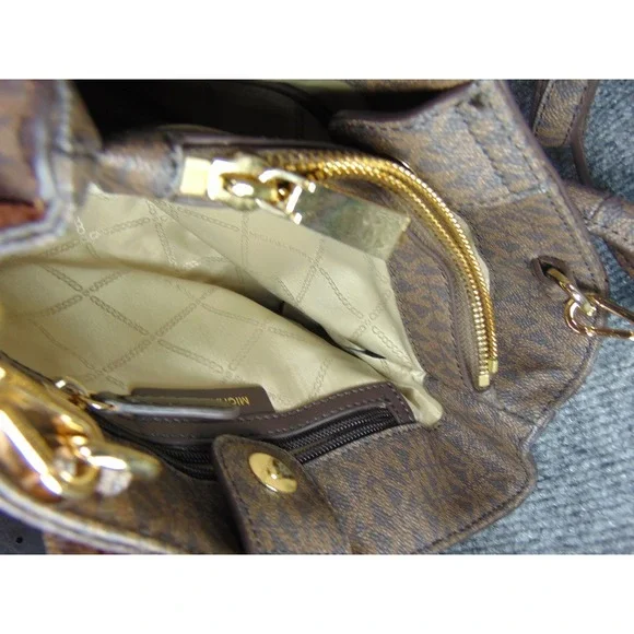 Michael Kors Mercer Small Satchel Bag Brown Monogram Pebble Leather - Picture 5 of 16